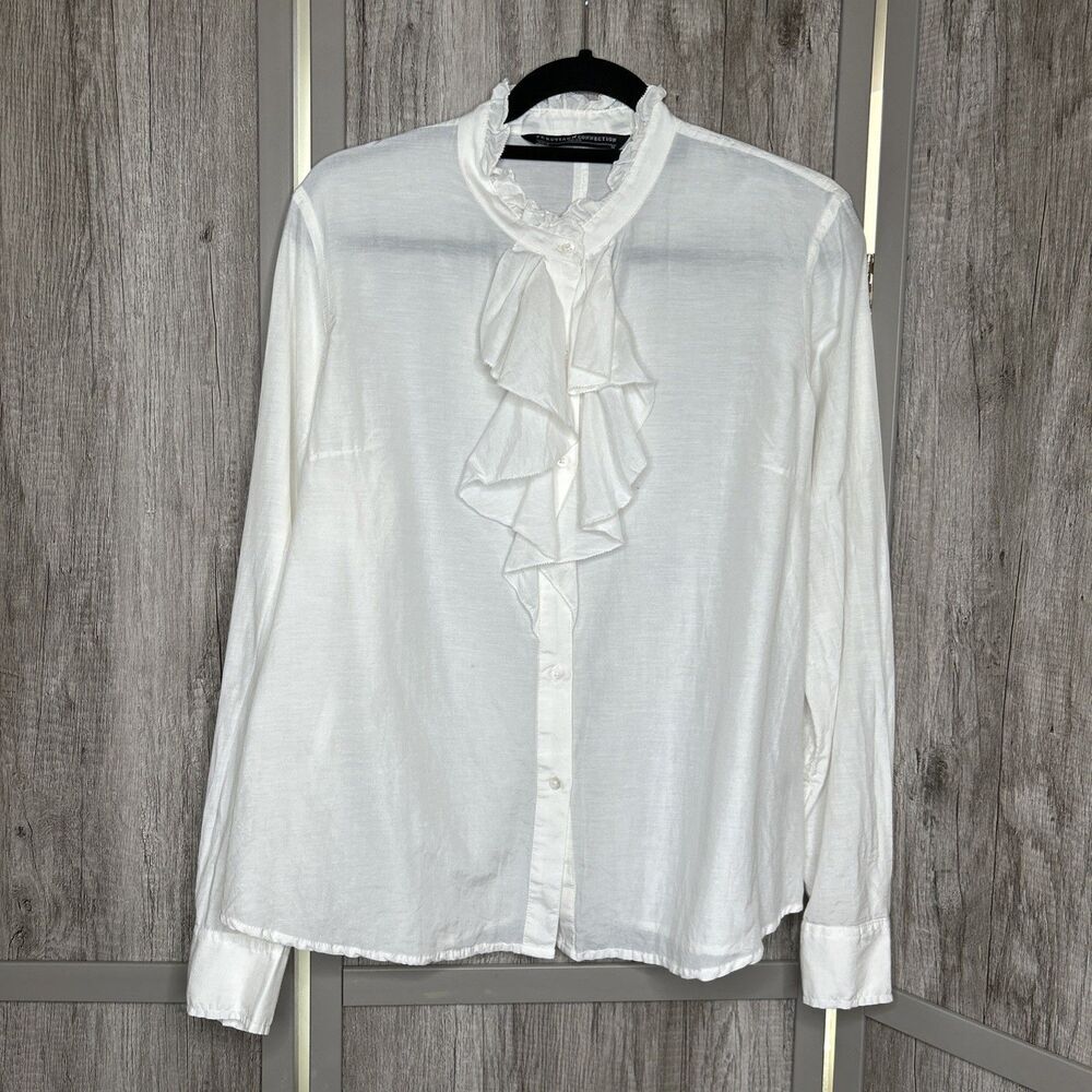 Peruvian Connection White Top Shirt Ruffle Trim Feminine Romantic Size M